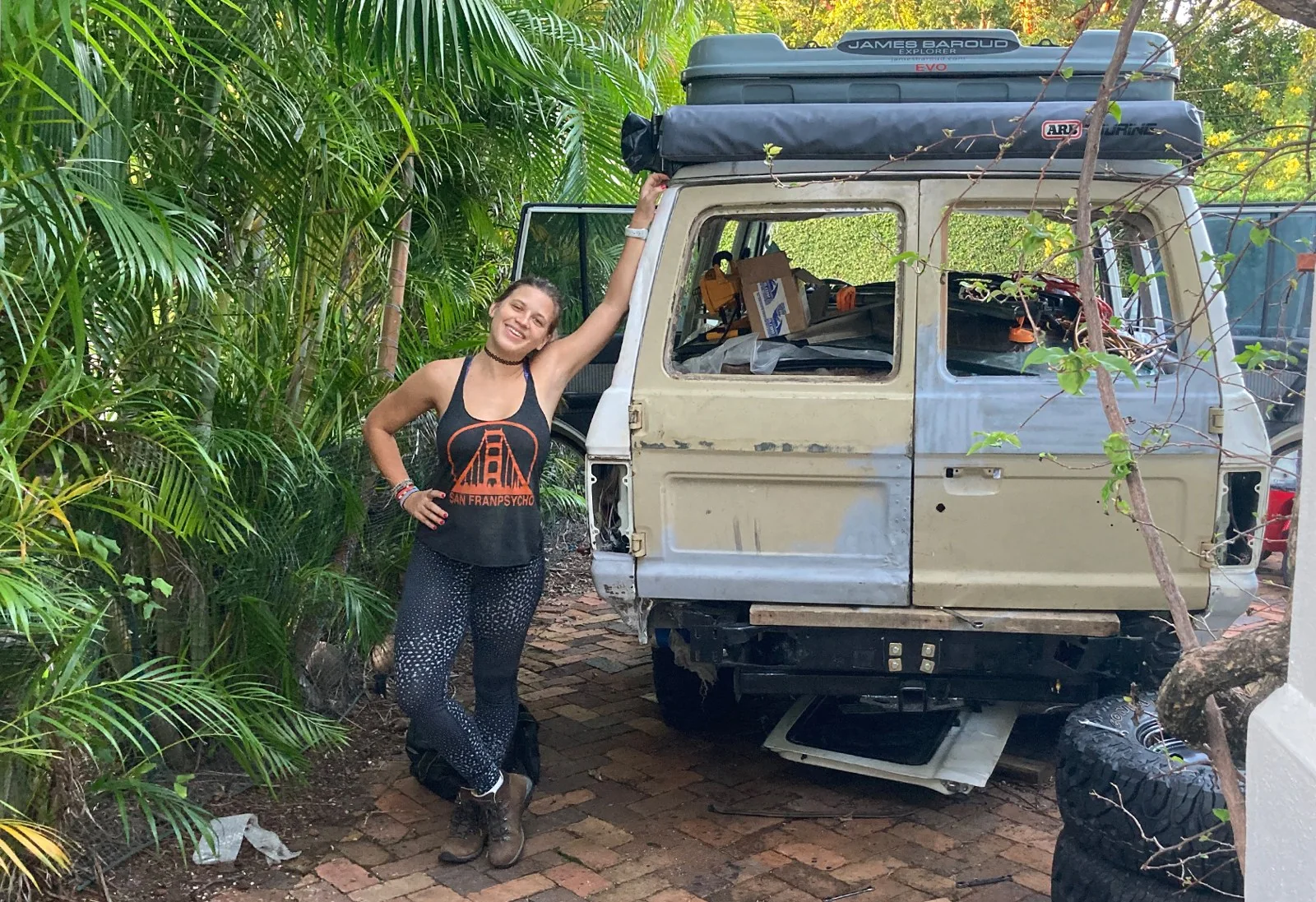 Sofia with the barn doors being fitted to our Land Cruiser