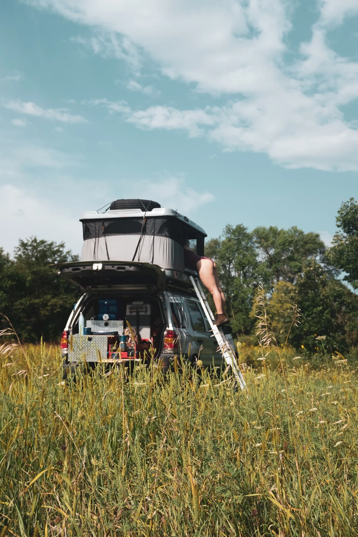 Our Ford Escape with the rooftop tent open in tall grass